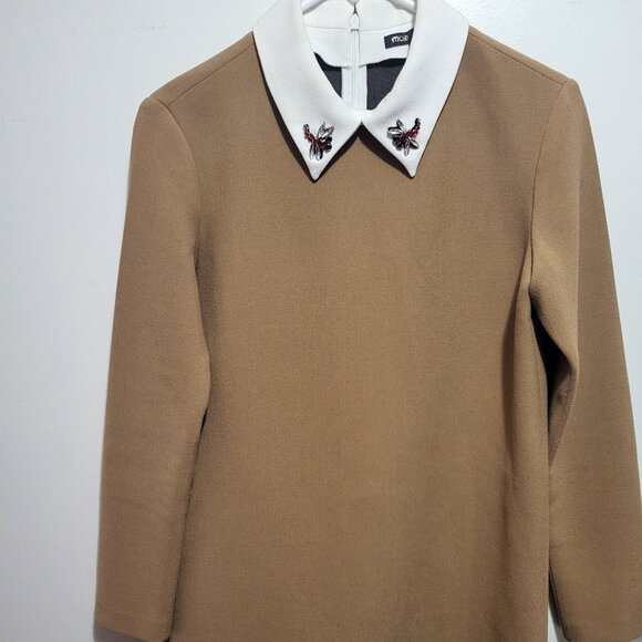 Maje Ragone Embellished Collar Twill Mini Dress in Camel Dragonfly Jewel - Picture 4 of 9